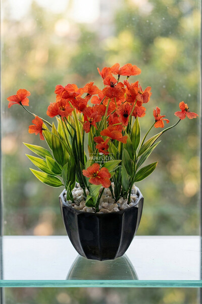 Yapay Çiçek Deposu Ζαφείρι με νεράδες σε μαύρη γλάστρα, 26 εκ. πορτοκαλί