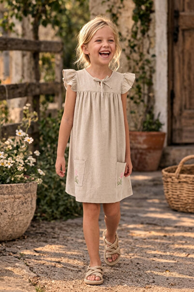 Minipodyum Κοριτσίστικο Κεντημένο Λινό Καλοκαιρινό Φόρεμα με τσέπες