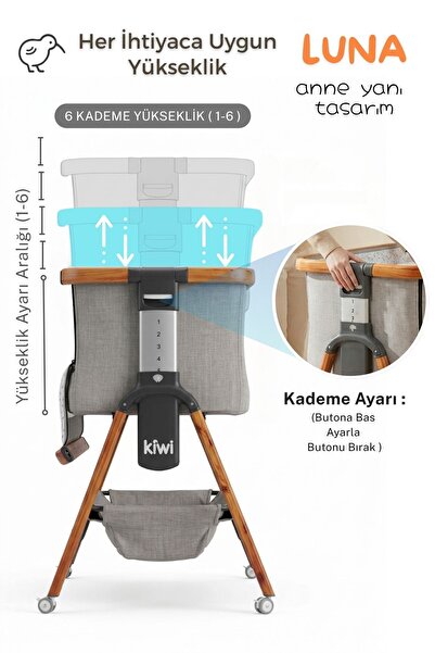 Kiwi Luna 2’si 1 Arada Anne Yanı Beşik – Katlanabilir, 6 Kademe Yükseklik, Mesh Pencere,Taşınabilir-Kahve