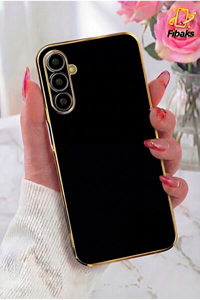Fibaks Galaxy A24 Kılıf Parlak Kenarlı Altın Işlemeli Kamera Korumalı Kapak