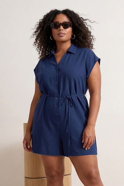 Trendyol Curve Ενδύματα παραλίας Navy Blue Γιακάς πουκαμίσου Υφαντό Ολόσωμη φ...