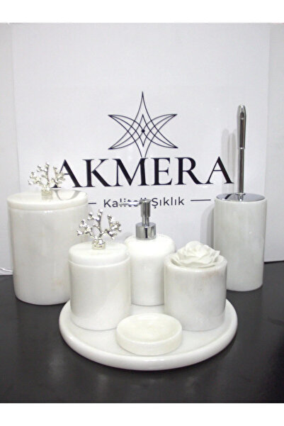 Akmera Home Beyaz Mermer Gümüş Mercan Detaylı 7 Parça Banyo Seti