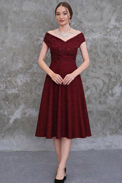 MAG FASHİON Φόρεμα Δαντέλα τεμαχίων σε μεγάλο μέγεθος Kayık διπλό πέτο με λαι...