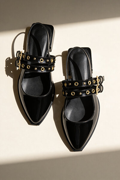 TRENDYOL SHOES Εφηβικές μαύρες δερμάτινες γυναικείες μπαλαρίνες με λεπτομέρει...