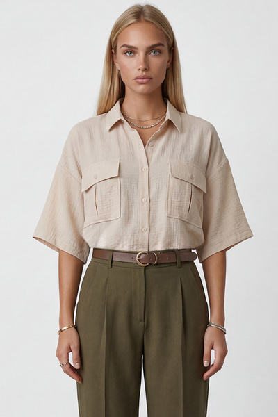 Trend Alaçatı Stili Πουκάμισο από λινό Sofia Oversize με τσέπες σε στυλ φακέλ...