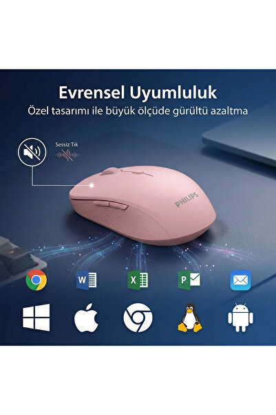 Philips Spk7378 Kablosuz Mouse 1600dpı 3 Tuşlu Wireless Mouse Pil Dahil Sessiz Mouse Pembe