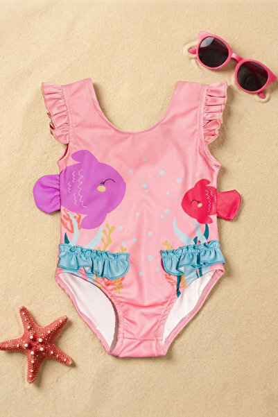 Minipodyum Μαγιό για κορίτσια με στάμπα ψαριού με λεπτομέρεια βολάν