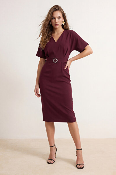 Συλλογή Trendyol Μπορντό ίσιο υφαντό φόρεμα μίντι TWOSS26EL00903