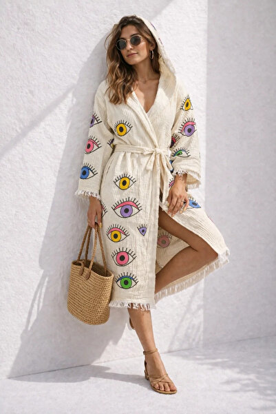 CASPARA Unisex Μουσελίνα Βαμβακερό Μπουρνούζι - Καφτάν κιμονό με μοτίβο ματιώ...