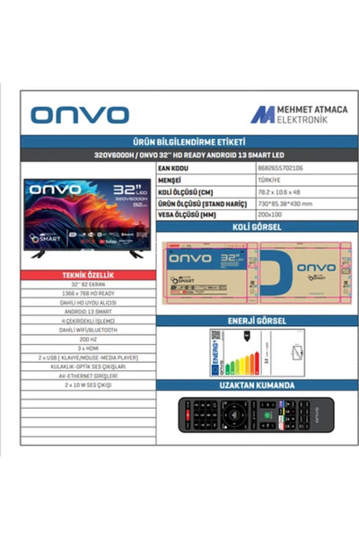 ONVO 32OV6000H Hd 32" 82 Ekran Uydu Alıcılı Android Smart Led Tv
