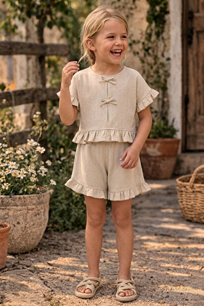 Minipodyum Κοριτσίστικο λινό καλοκαιρινό σετ δύο τεμαχίων με λεπτομέρεια σορτ...