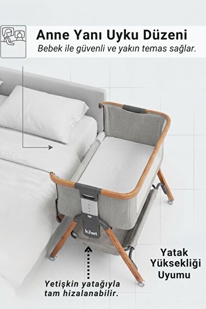 Kiwi Luna 2’si 1 Arada Anne Yanı Beşik – Katlanabilir, 6 Kademe Yükseklik, Mesh Pencere,Taşınabilir-Kahve