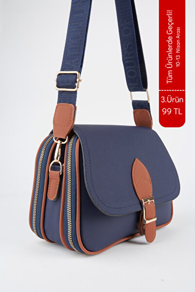 Vivaq Γυναικεία τσάντα χειρός και ώμου Clover Navy Blue Tan με 4 τσέπες με κά...