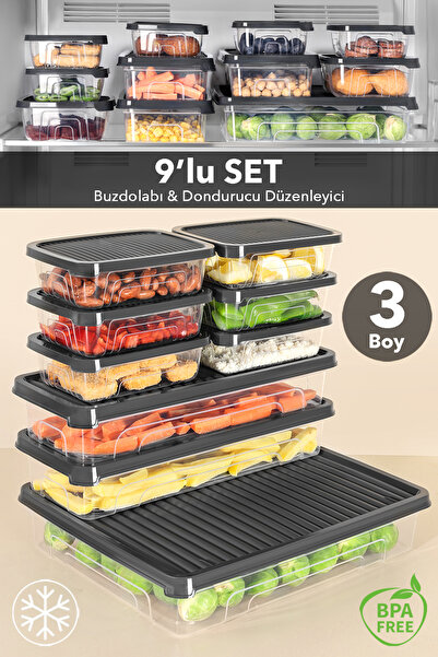Meleni Home Σετ οργάνωσης ψυγείου 9 τεμαχίων - Κατάλληλο για κατάψυξη και φού...
