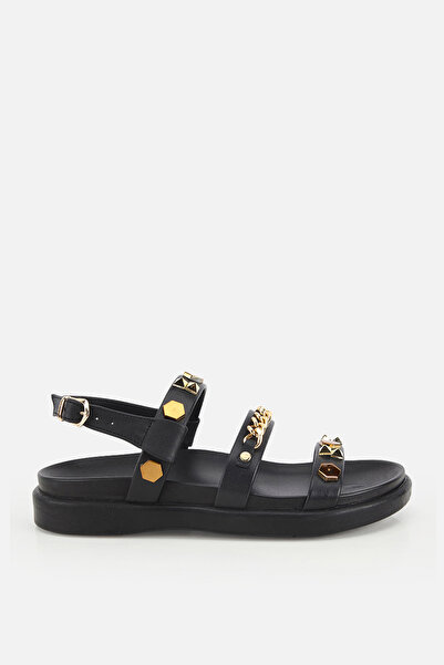 Yaya by Hotiç Γυναικεία Μαύρα Χρυσά Αξεσουάρ Σανδάλια με Πολλές Λωρίδες και Χ...