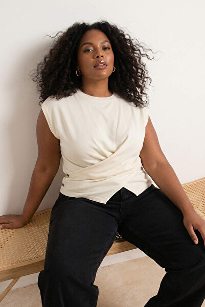 Trendyol Curve Εκρού Βαμβακερή Λεπτή Καλοκαιρινή Πλεκτή Μπλούζα με Σταυρωτή Λ...