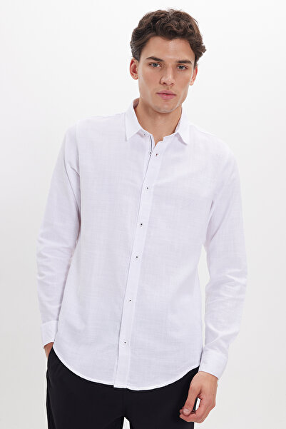 Tudors Λευκό Slim Fit Epaulettes πουκάμισο - Μακρυμάνικο, 100% βαμβακερό λινό...