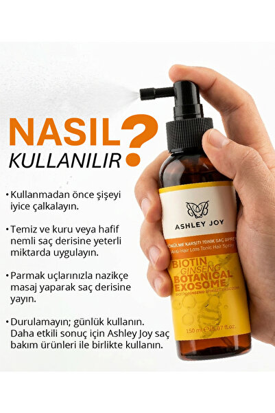 ASHLEY JOY Bitkisel Eksozom&Biotin Dökülme Karşıtı Tonik Saç Spreyi-Güçlendirici, Uzamasını Destekleyici 150 ml