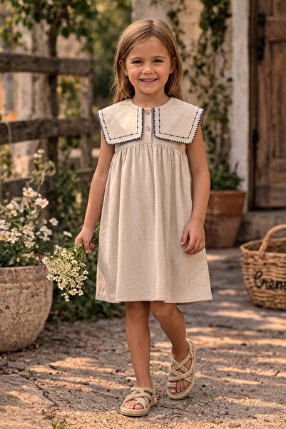 Minipodyum Κοριτσίστικο Καλοκαιρινό Λινό Φόρεμα με Κεντημένο Γιακά