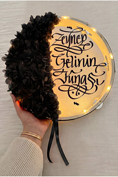 ZEYMERADE Siyah Ledli Şeffaf Gelin Tefi 32cm, 3d Çiçek Süslemeli, Düğün Sünne...