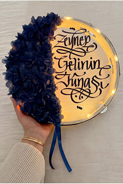 ZEYMERADE Lacivert Ledli Şeffaf Gelin Tefi 32cm, 3d Çiçek Süslemeli, Düğün Sü...