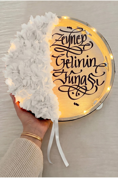 ZEYMERADE Beyaz Ledli Şeffaf Gelin Tefi 32cm, 3d Çiçek Süslemeli, Düğün Sünne...