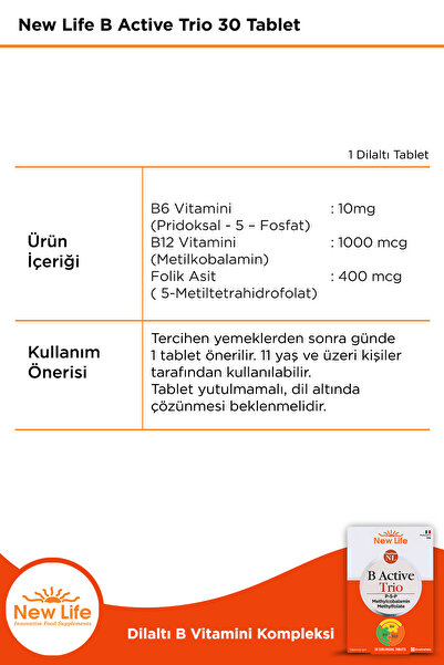 New Life B Active Trio 30 Tablet - P5P - Metilkobalamin - Metilfolat