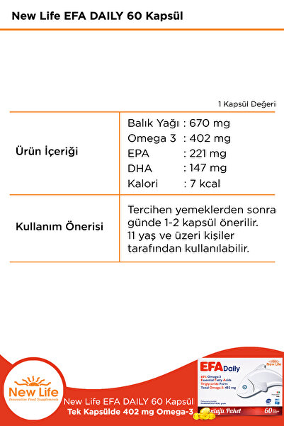 New Life Efa Daily Avantajlı Paket 60 Kapsül Balık Yağı Omega 3