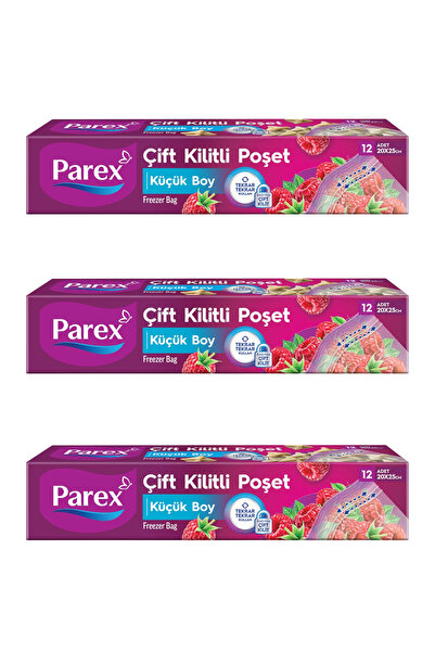 Parex Çift Kilitli Buzdolabı Poşeti 12'li Küçük Boy 20 x 25 cm Üçlü Paket
