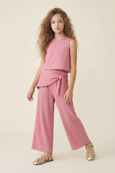 TRENDYOLKIDS Rosa Mädchen-Set mit gewickeltem, flach gestricktem Oberteil und...