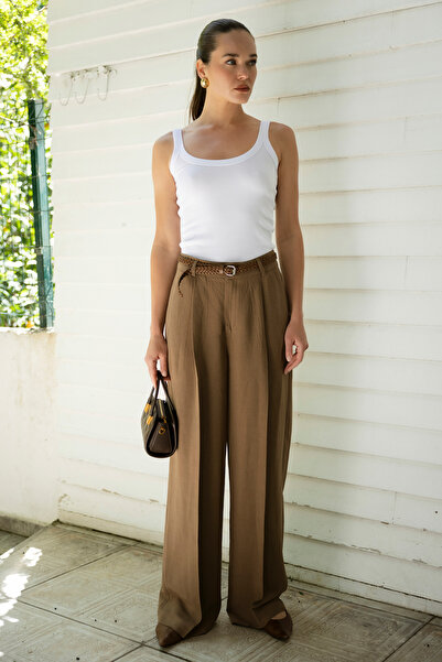 Συλλογή Trendyol Καφέ Παντελόνι με Λινή Όψη και Ζώνη TWOSS26PL00189