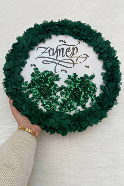 ZEYMERADE Zümrüt Yeşil Kaligrafi Gelin Tefi 32cm, Vip Güpürlü Ve 3d Çiçek Düğ...