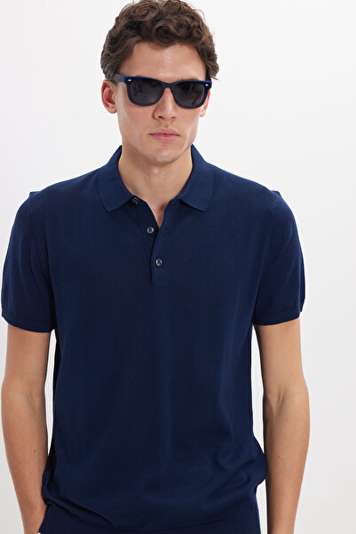 Tudors Ανδρικό Slim Fit Slim Fit Βαμβακερό πλεκτό μπλουζάκι Navy Blue γιακά μ...