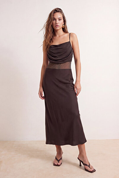 Trendyol Collection Brown Tulle Detailed Knitted Sandy Midi Evening & Graduat...