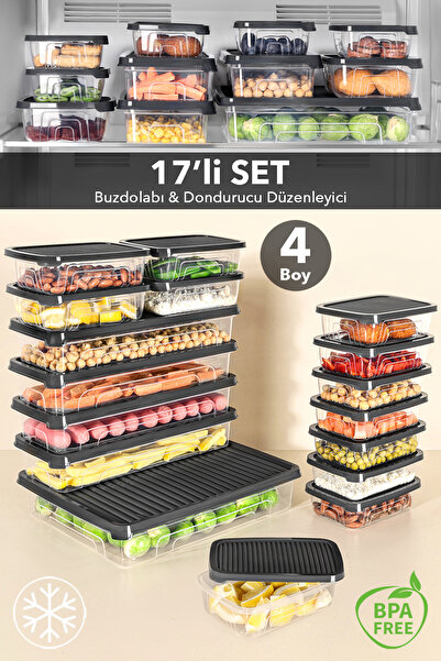 Meleni Home Σετ οργάνωσης ψυγείου 17 τεμαχίων - Κατάλληλο για κατάψυξη και φο...