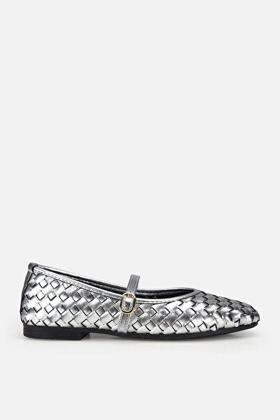 Yaya by Hotiç Γυναικείες Ασημένιες Πλεκτές Μπαλαρίνες με Κορδόνια