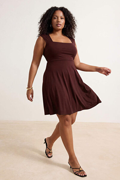 Trendyol Curve Brown Square Collar Skater Sandy Plus Size Dress Tbbss26Ah00216