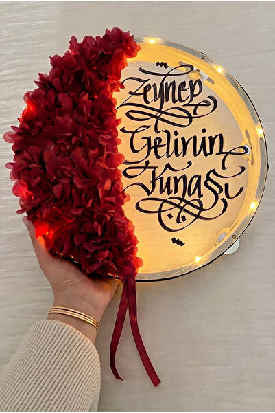 ZEYMERADE Bordo Ledli Şeffaf Gelin Tefi 32cm, 3d Çiçek Süslemeli, Düğün Sünne...