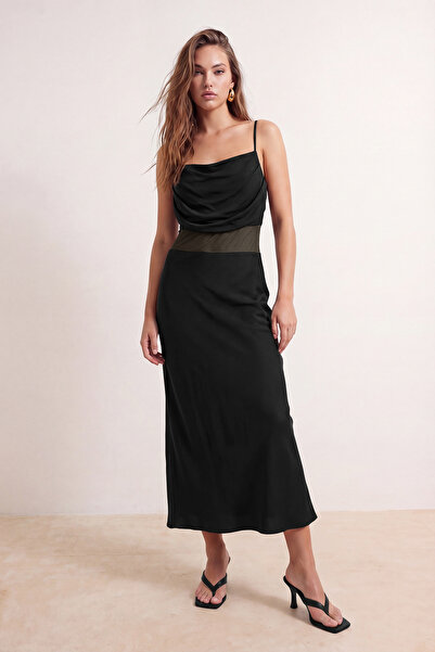 Συλλογή Trendyol Μαύρο τούλινο πλεκτό βραδινό φόρεμα μίντι με λεπτομέρειες & ...