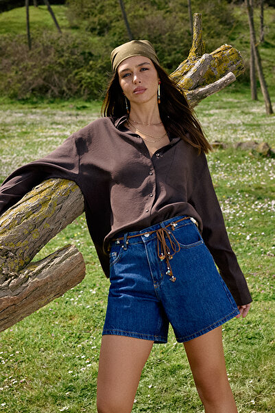 Συλλογή Trendyol Καφέ Φαρδιά Γραμμή Πουκάμισο Modal TWOSS26GO00077