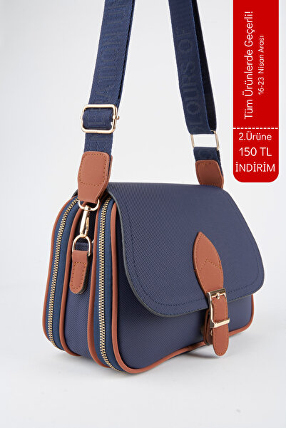 Vivaq Γυναικεία τσάντα χειρός και ώμου Clover Navy Blue Tan με 4 τσέπες με κά...