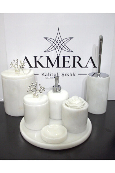 Akmera Home Beyaz Mermer Gümüş Mercan Detaylı 7 Parça Banyo Seti