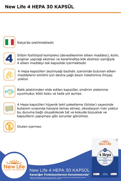New Life 4 Hepa 30 Soft Capsules Choline - Silibin Phospholipid Complex - Artichoke - Dandelion
