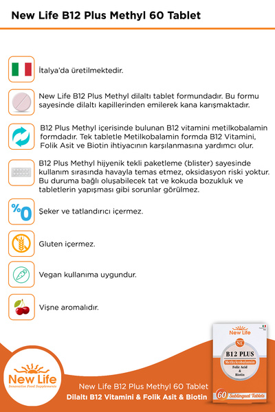 New Life B12 Plus Methylcobalamin 60 Dilaltı Tablet 2'li Paket
