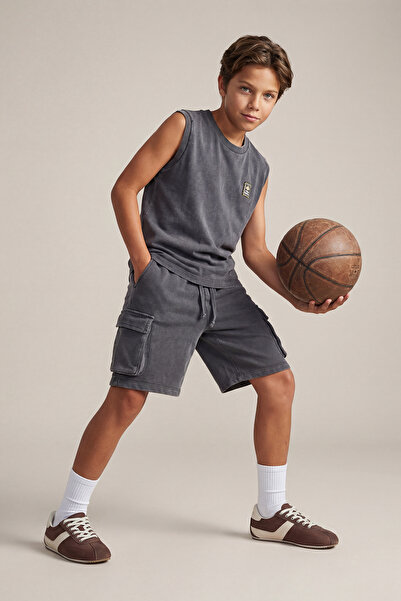 TRENDYOLKIDS Set pantaloni scurți din bumbac antracit pentru băieți - Efect î...