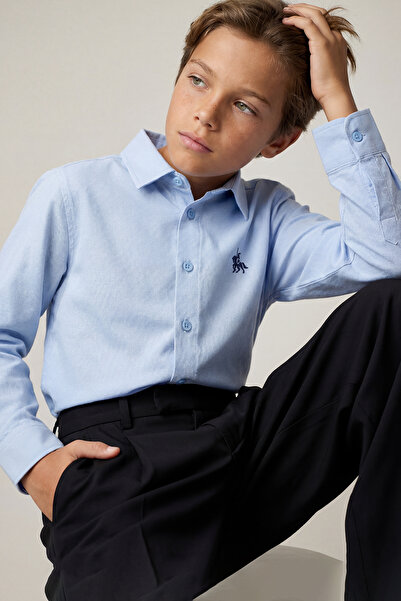 TRENDYOLKIDS Σχολικό πουκάμισο για αγόρια Ice Blue Embroidered Regular Oxford...