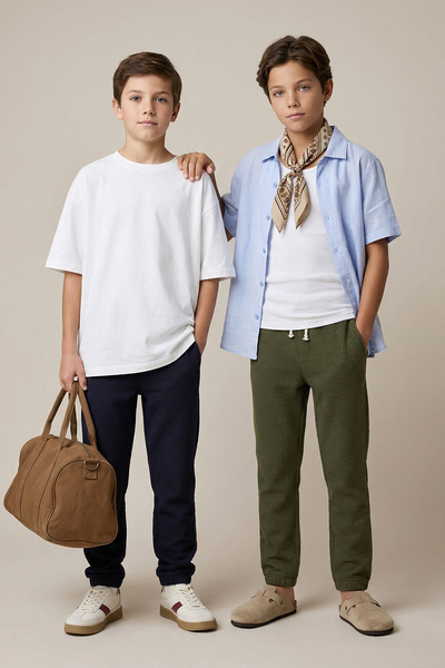 TRENDYOLKIDS Πλεκτό ανδρικό παντελόνι από βαμβακερό μπλε ναυτικό-χακί 2 τεμαχ...