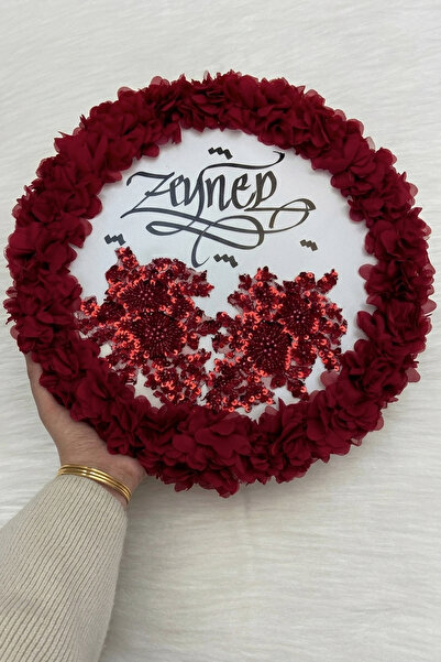 ZEYMERADE Bordo Kaligrafi Gelin Tefi 32cm, Vip Güpürlü Ve 3d Çiçek Düğün Kına...