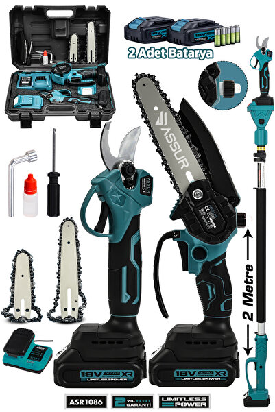 ASSUR Profesyonel 2'li Set 18V Çift Akülü Teleskopik Kollu Bağ Makası ve Buda...