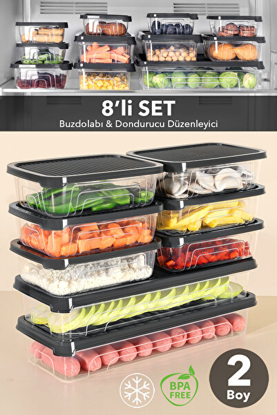 Meleni Home Σετ οργάνωσης ψυγείου 8 τεμαχίων - Κατάλληλο για κατάψυξη και φού...